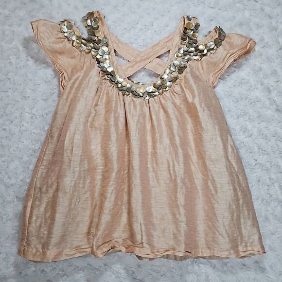 Silk Linen Blend Top With Metal Accents Intercud Light Pink Size Small - Picture 1 of 7